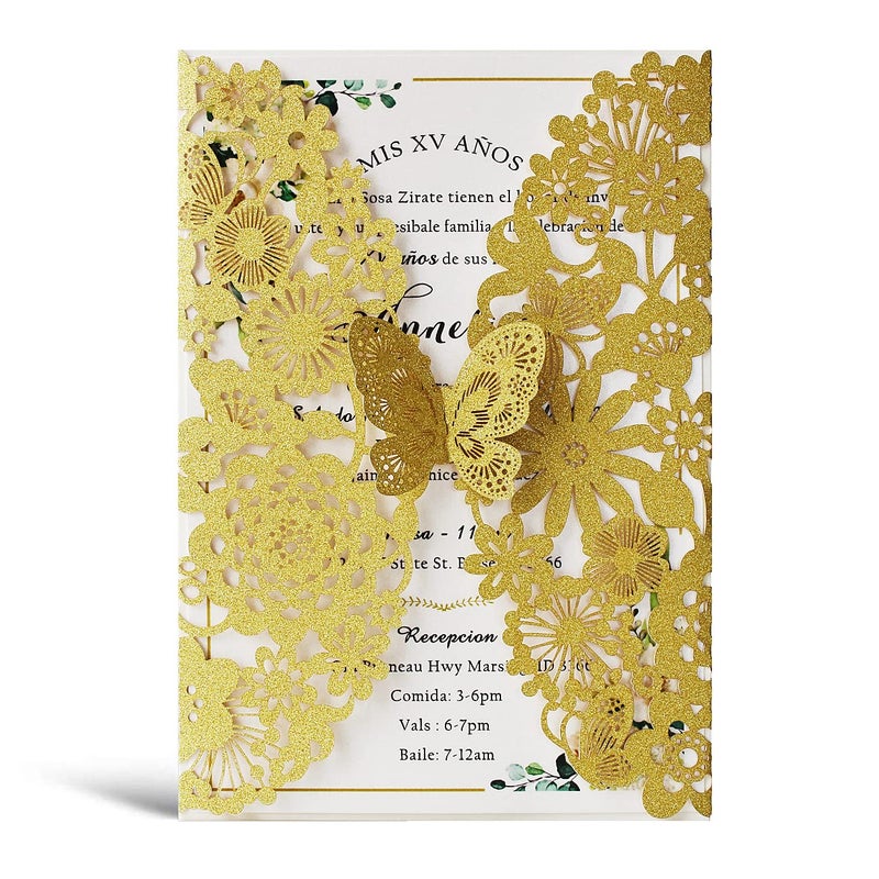 Hosmsua 20PCS Gold Wedding Invitation Cards with Butterfly and Envelopes 5.12 x 7.3 Inch Laser Cut Lace Flora Invitation for Wedding Engagement Quinceanera Party (Gold Glitter) - Image 1